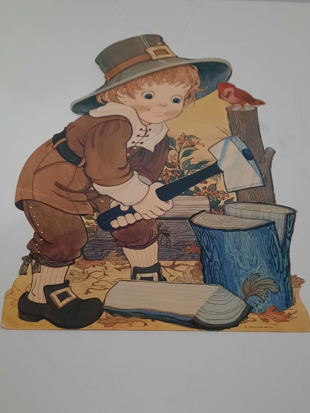 Vintage 1979 Hallmark Thanksgiving Pilgrim Boy Chopping Wood Die Cut Decor